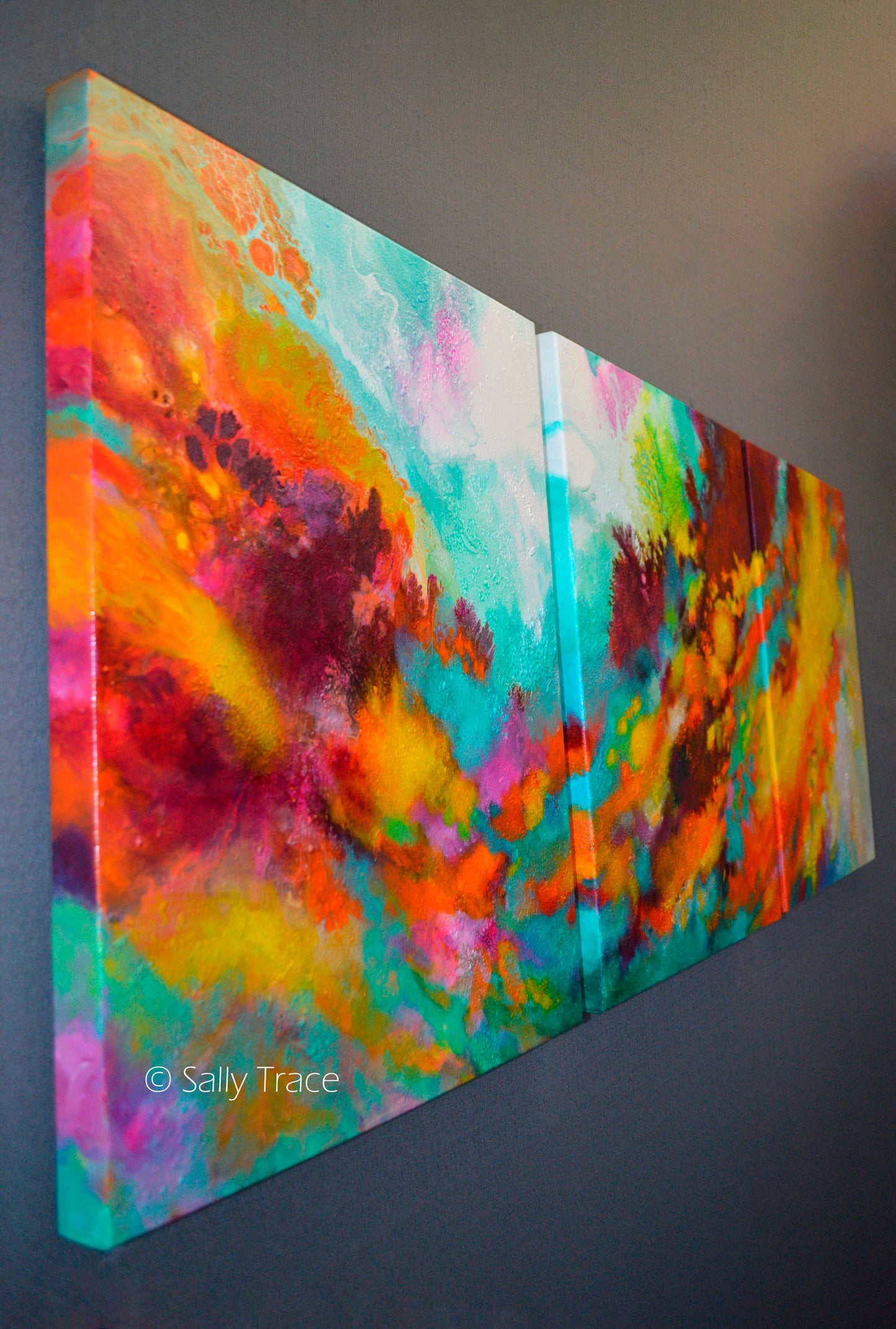 Original modern triptych fluid art abstract acrylic textured paintings on stretched canvas for sale by Sally Trace "Wonderment". Fine art paintings for the home, modern home decor, Contemporary art for the living room left side view.