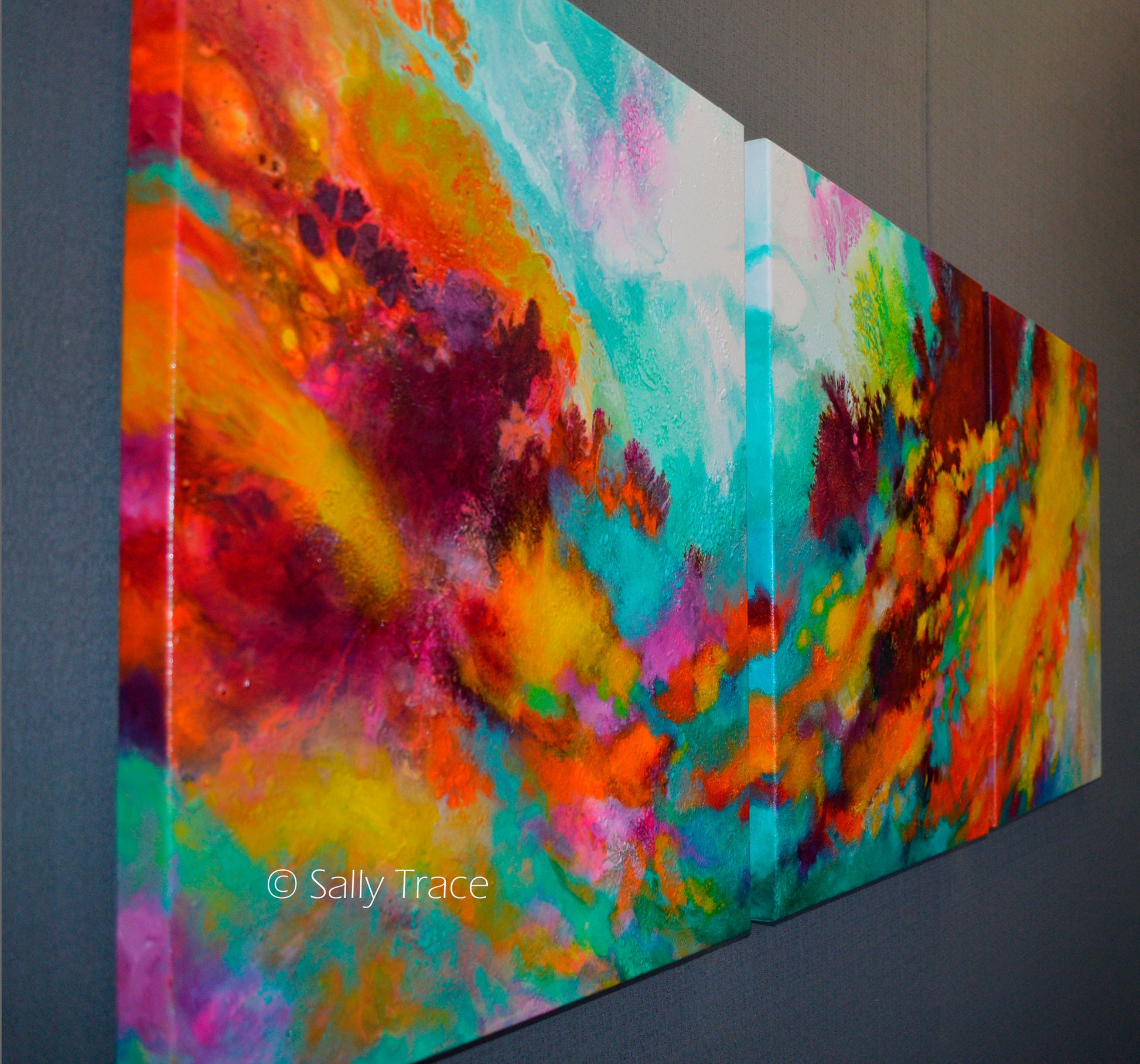 Original modern triptych fluid art abstract acrylic textured paintings on stretched canvas for sale by Sally Trace "Wonderment". Fine art paintings for the home, modern home decor, Contemporary art for the living room left side view.