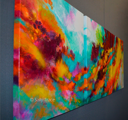 Original modern triptych fluid art abstract acrylic textured paintings on stretched canvas for sale by Sally Trace "Wonderment". Fine art paintings for the home, modern home decor, Contemporary art for the living room left side view.