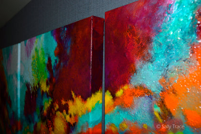 Original modern triptych fluid art abstract acrylic textured paintings on stretched canvas for sale by Sally Trace "Wonderment". Fine art paintings for the home, modern home decor, Contemporary art for the living room, close-up detail side view.